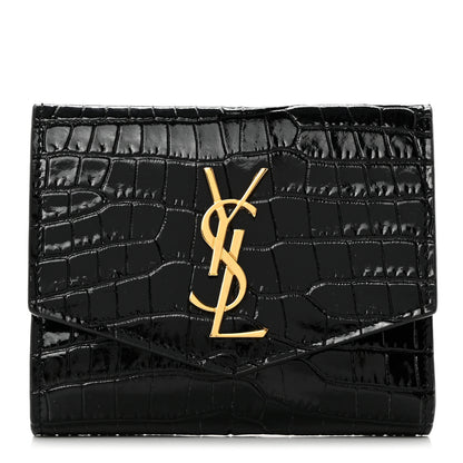 Saint Laurent Shiny Calfskin Crocodile Embossed Monogram Uptown Compact Wallet Black 1 of 7