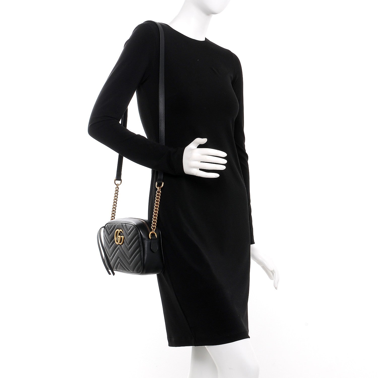 Gucci Calfskin Matelasse Small GG Marmont Chain Shoulder Bag Black 2 of 8