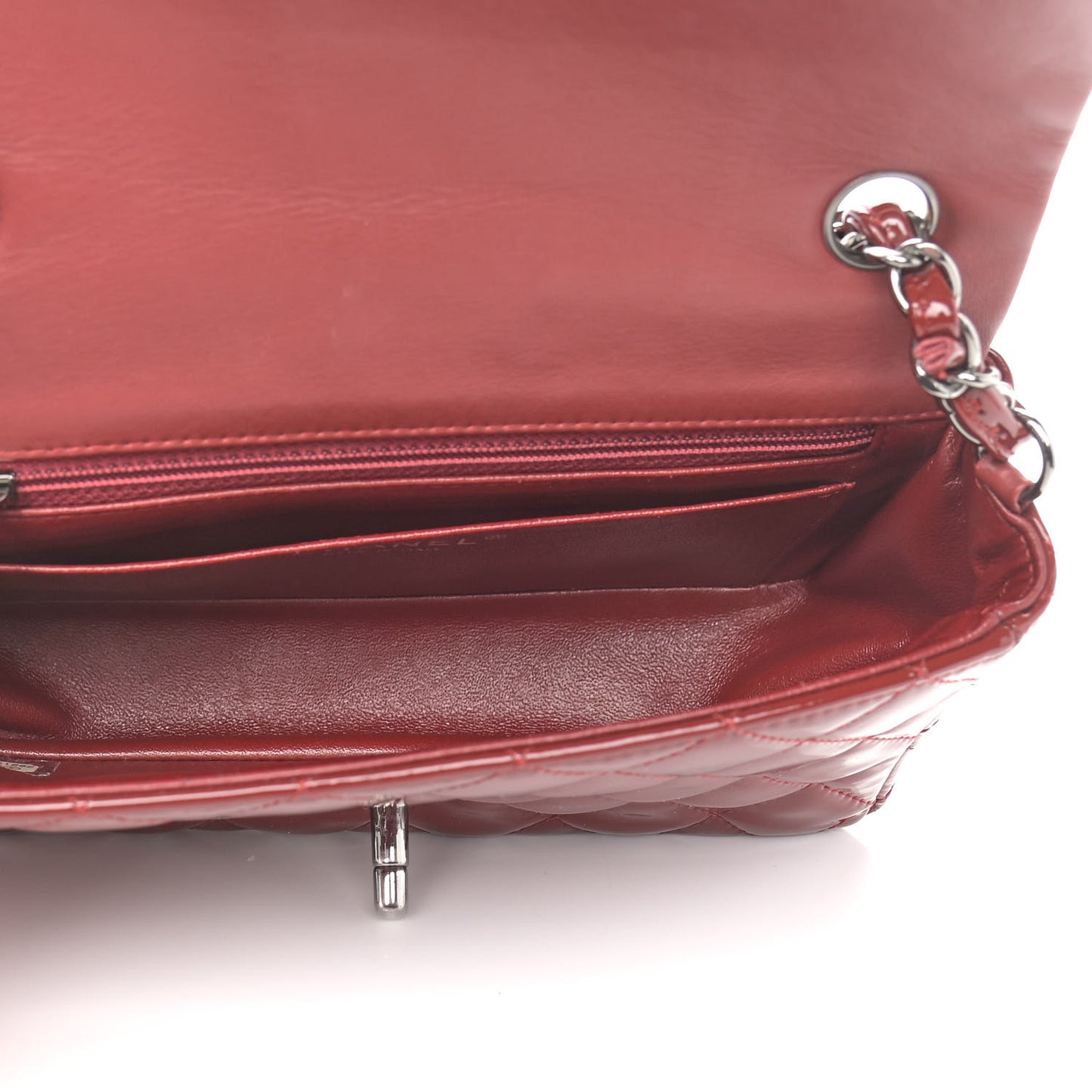 Patent Calfskin Quilted Mini Rectangular Flap Dark Red