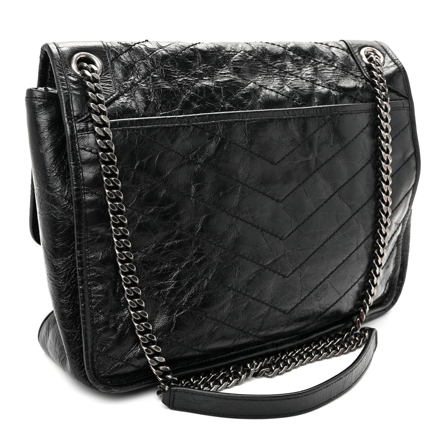Crinkled Calfskin Matelasse Monogram Large Niki Chain Satchel Black