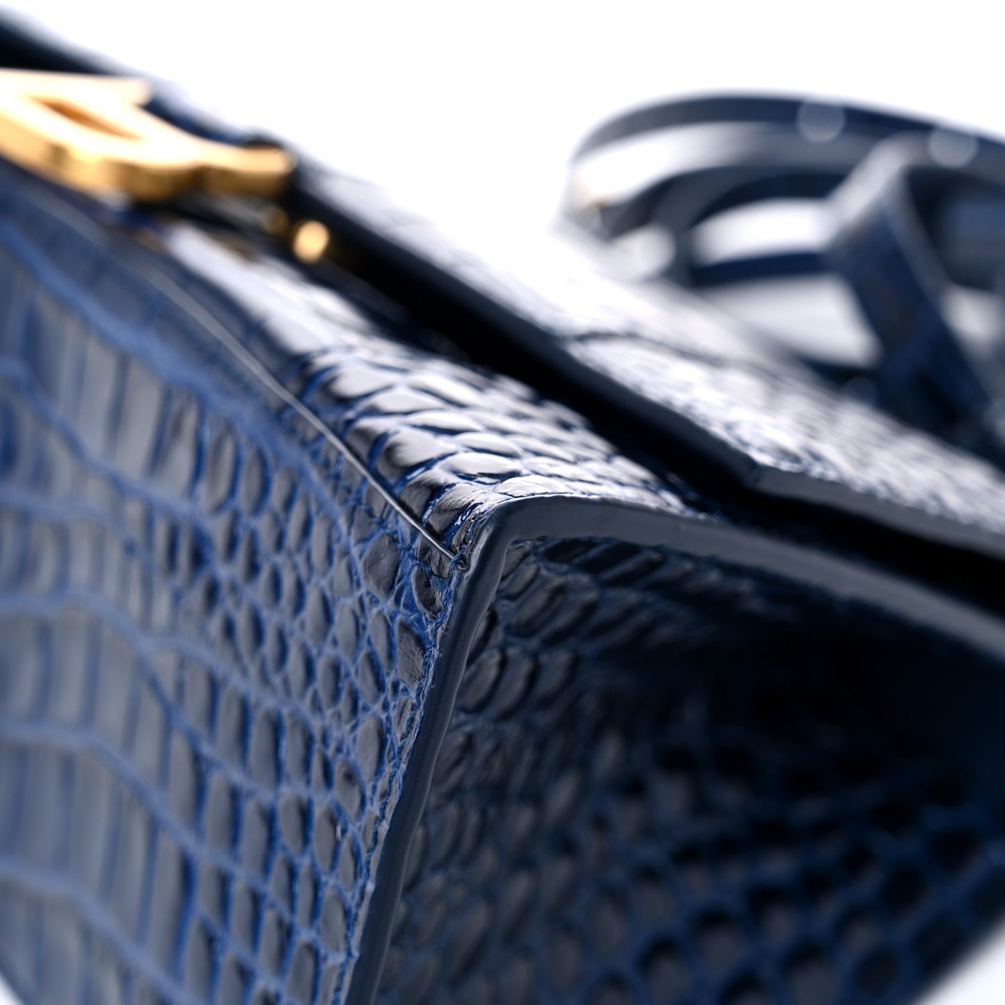 Shiny Calfskin Crocodile Embossed Small Hourglass Top Handle Bag Navy