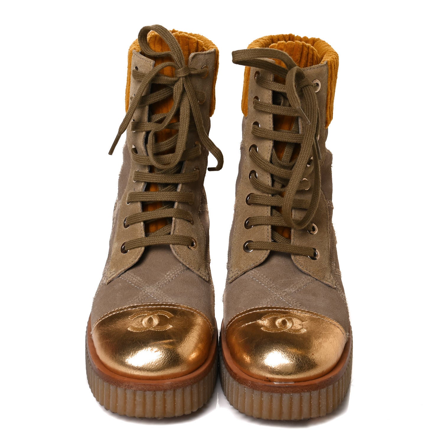 Chanel Suede Calfskin Velvet Quilted CC Combat Boots 37 Beige Yellow Gold 5 of 11