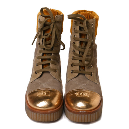 Chanel Suede Calfskin Velvet Quilted CC Combat Boots 37 Beige Yellow Gold 5 of 11