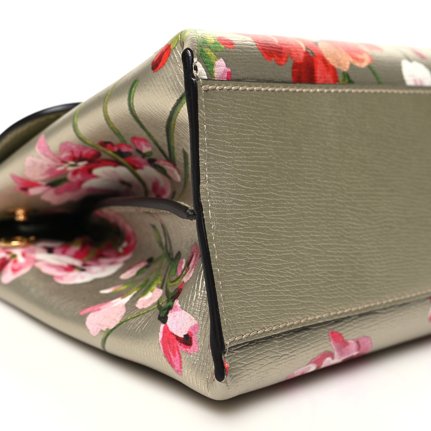 Metallic Shangai Calfskin Blooms Print Small Bamboo Daily Top Handle Bag Gold Multicolor