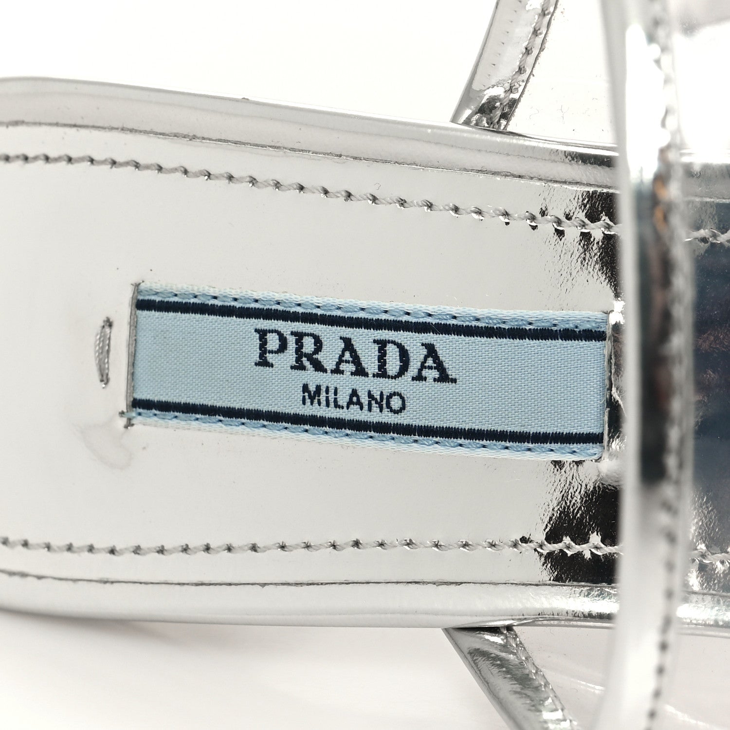 Prada Plexiglass Metallic Calfskin Metal Triangle Logo 75mm Slide Sandals 35 Argento 7 of 8