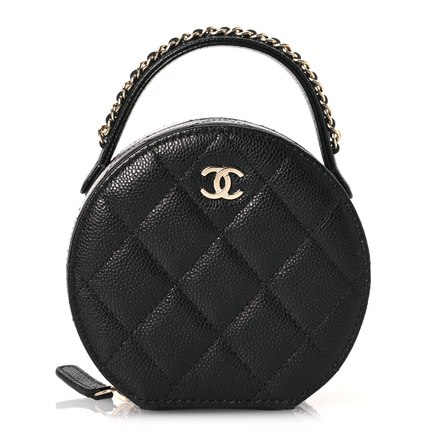 Caviar Quilted Round Top Handle Jewelry Case With Chain Black