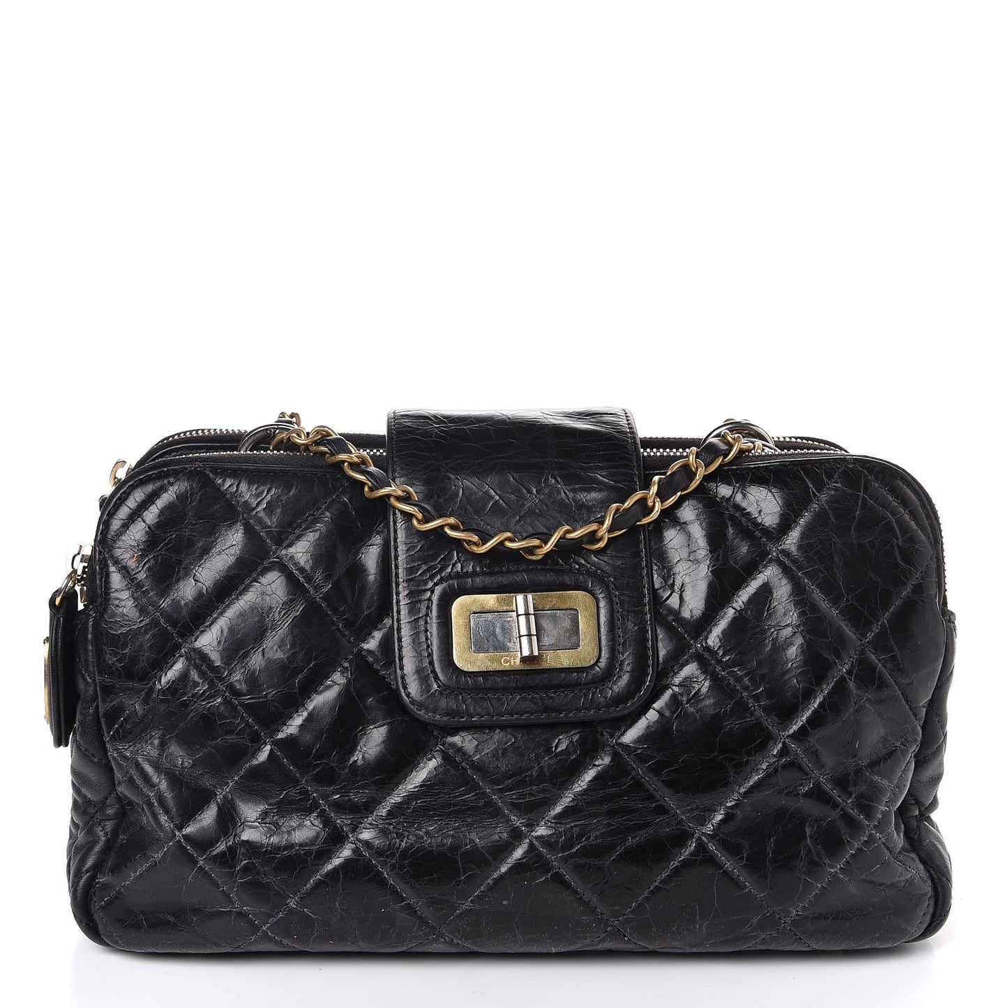 Glazed Calfskin Quilted Mademoiselle Tote Black