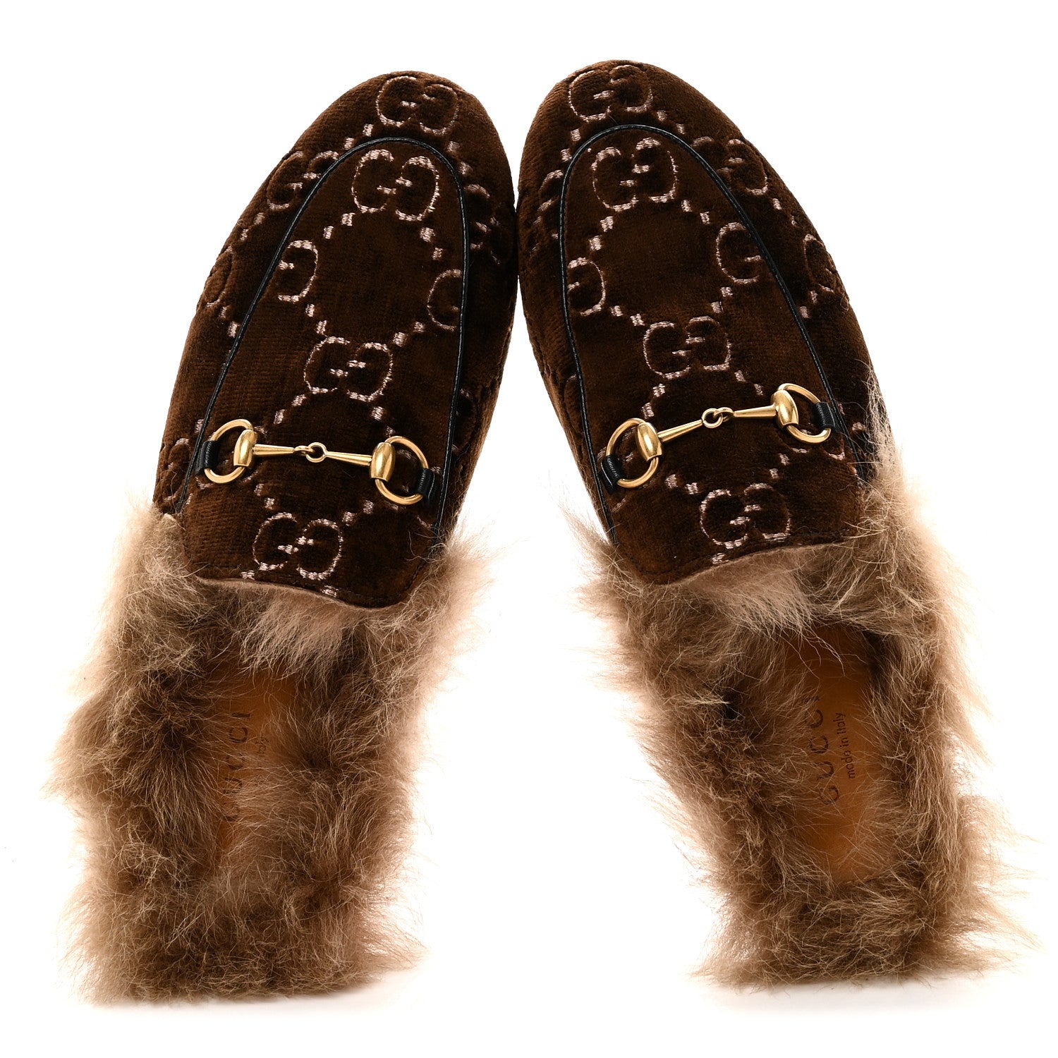 Gucci Velvet GG Monogram Fur Womens Princetown Slippers 38 Brown Black Natural 2 of 10
