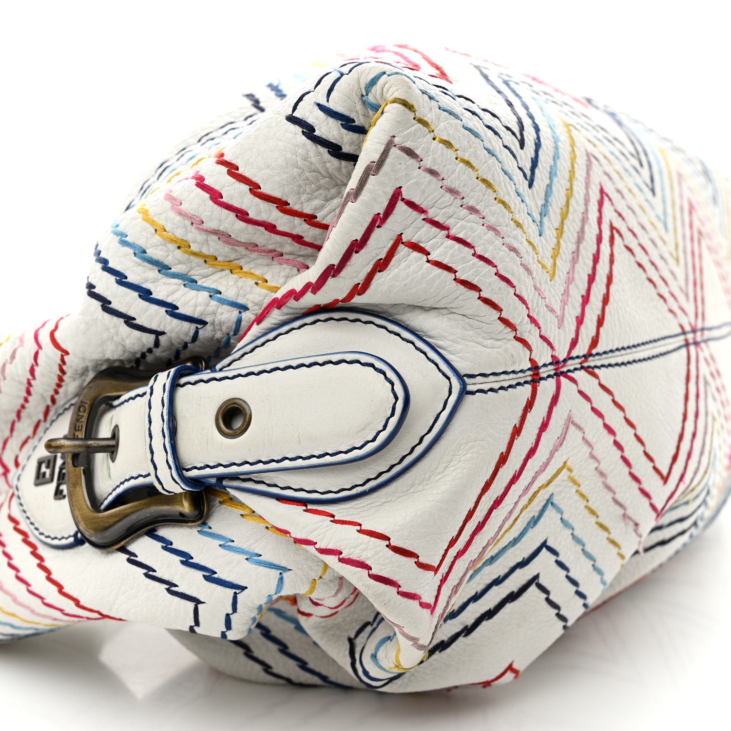 Fendi Vitello Palma Zig Zag Thread Embroidered Doctor B Hobo White Multicolor 8 of 18
