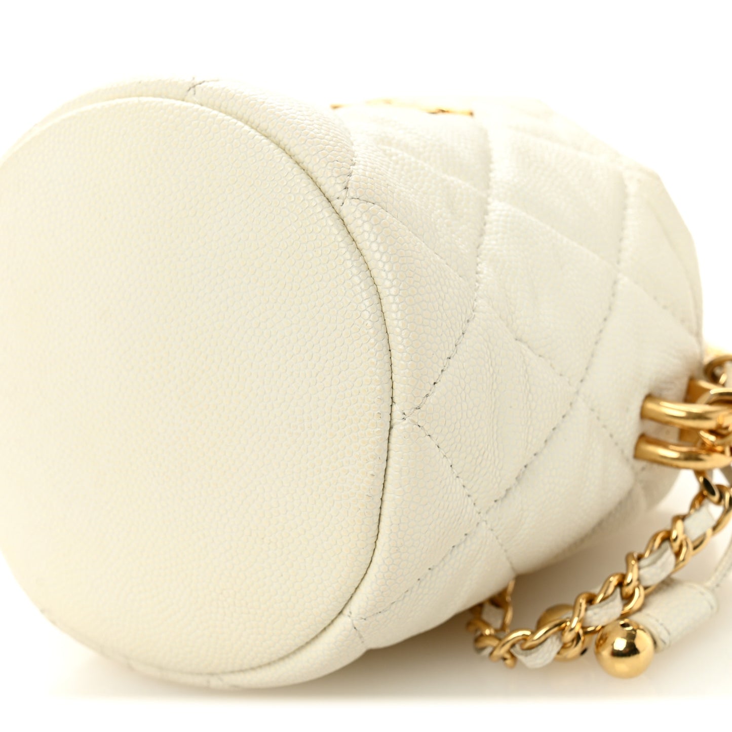 Caviar Quilted Coco First Bucket Clutch With Chain White