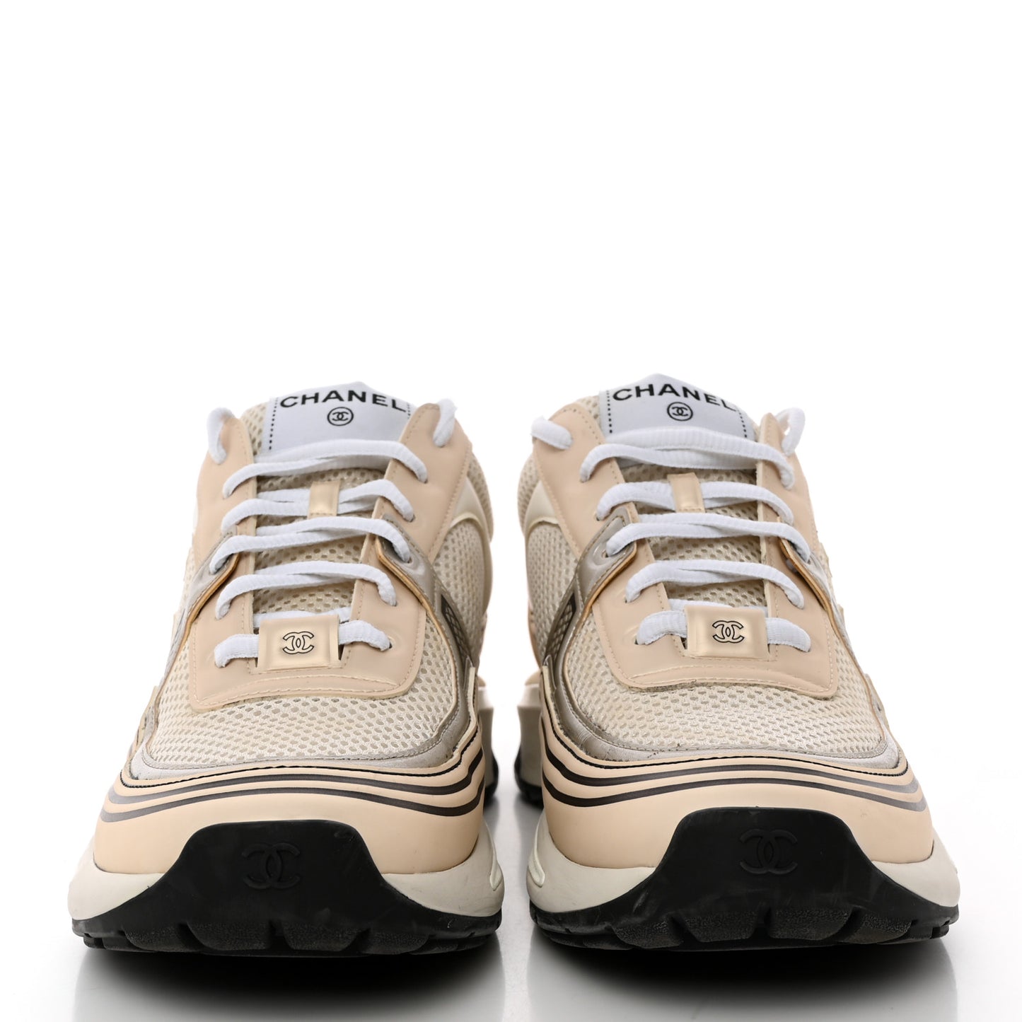 Fabric Laminated Calfskin Stretch CC Womens Sneakers 39.5 White Gold Silver