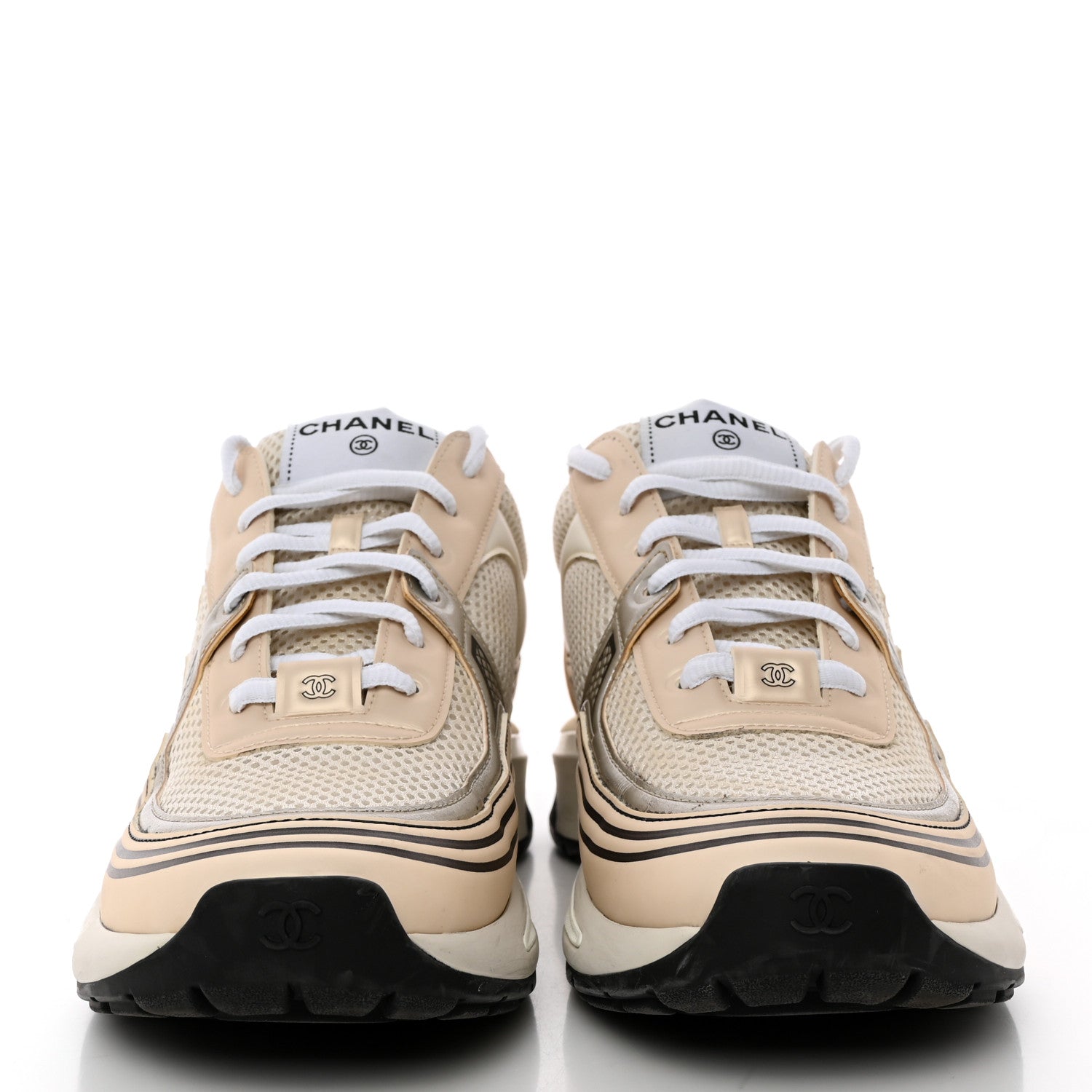 Chanel Fabric Laminated Calfskin Stretch CC Womens Sneakers 39.5 White Gold Silver 2 of 15