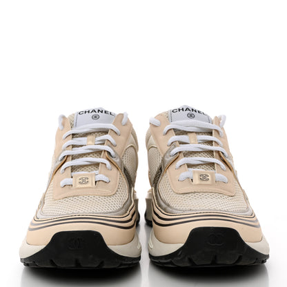 Chanel Fabric Laminated Calfskin Stretch CC Womens Sneakers 39.5 White Gold Silver 2 of 15