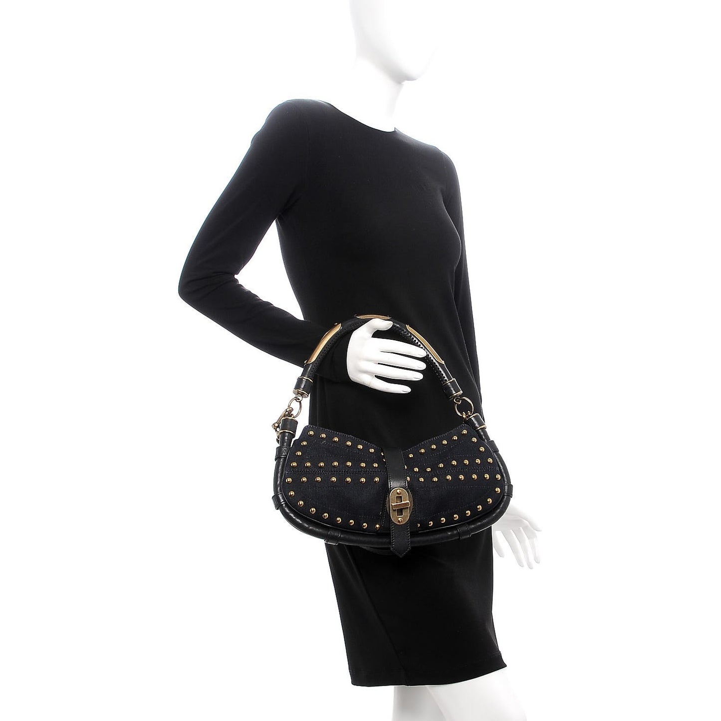 Denim Studded Shoulder Bag Navy Blue