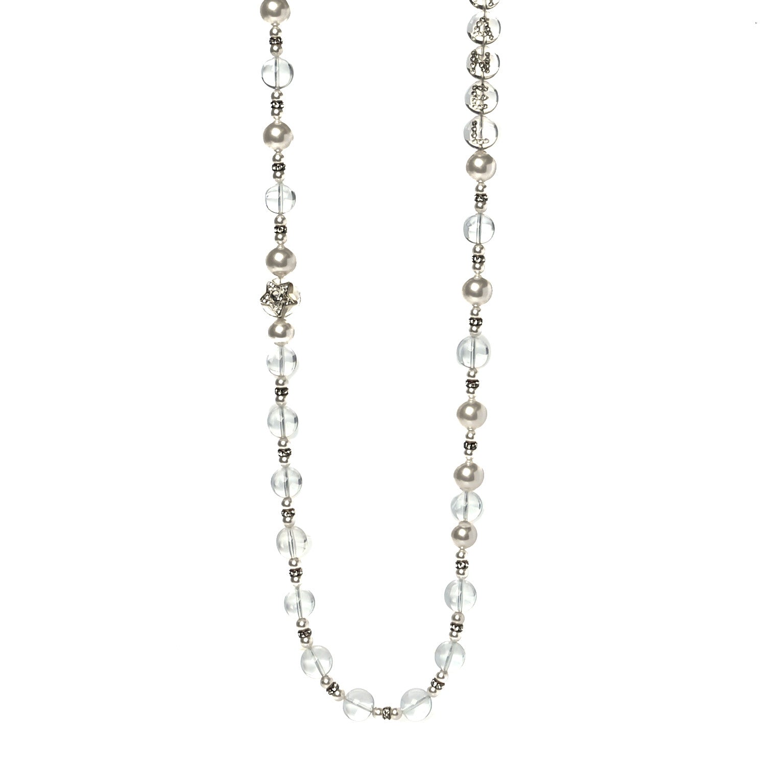 Chanel Resin Pearl Crystal Logo Long Necklace Transparent Gold 1 of 5