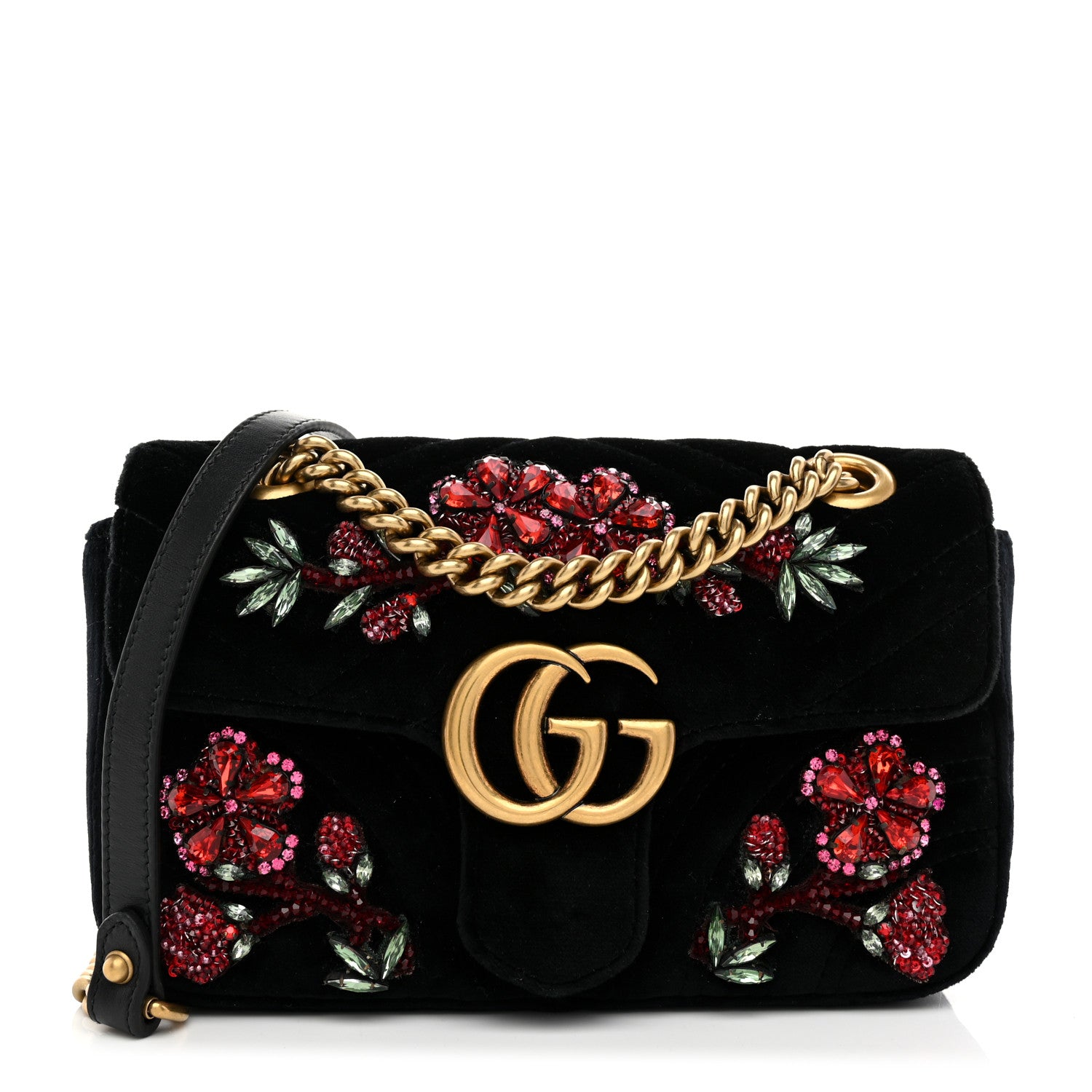 Gucci Velvet Matelasse Embroidered Mini GG Marmont Shoulder Bag Black 1 of 10