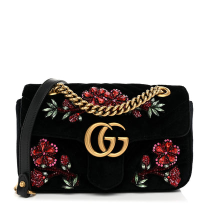 Gucci Velvet Matelasse Embroidered Mini GG Marmont Shoulder Bag Black 1 of 10