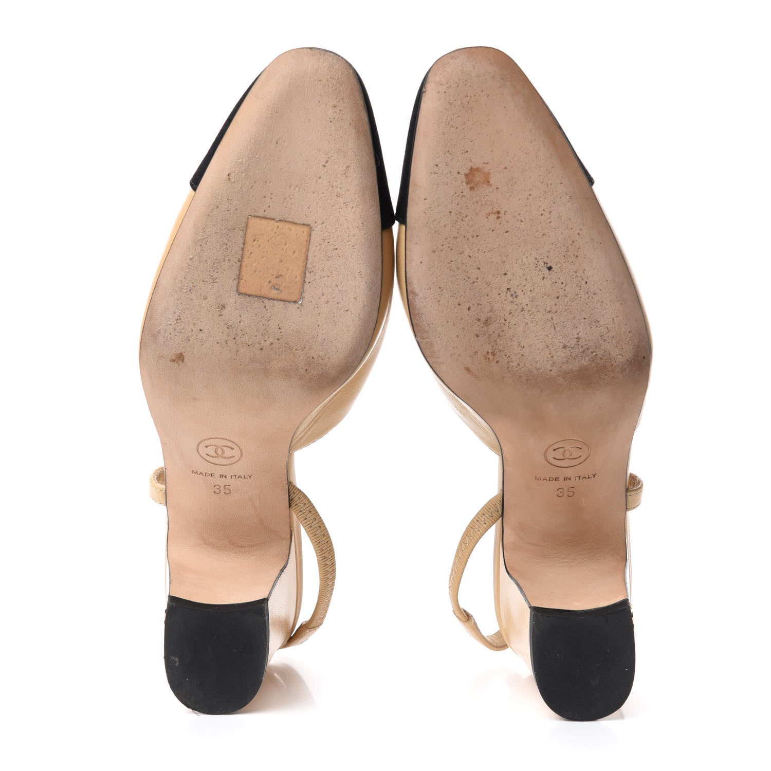 Chanel Goatskin Grosgrain Cap Toe CC Slingback Pumps 35 Beige Black 6 of 10