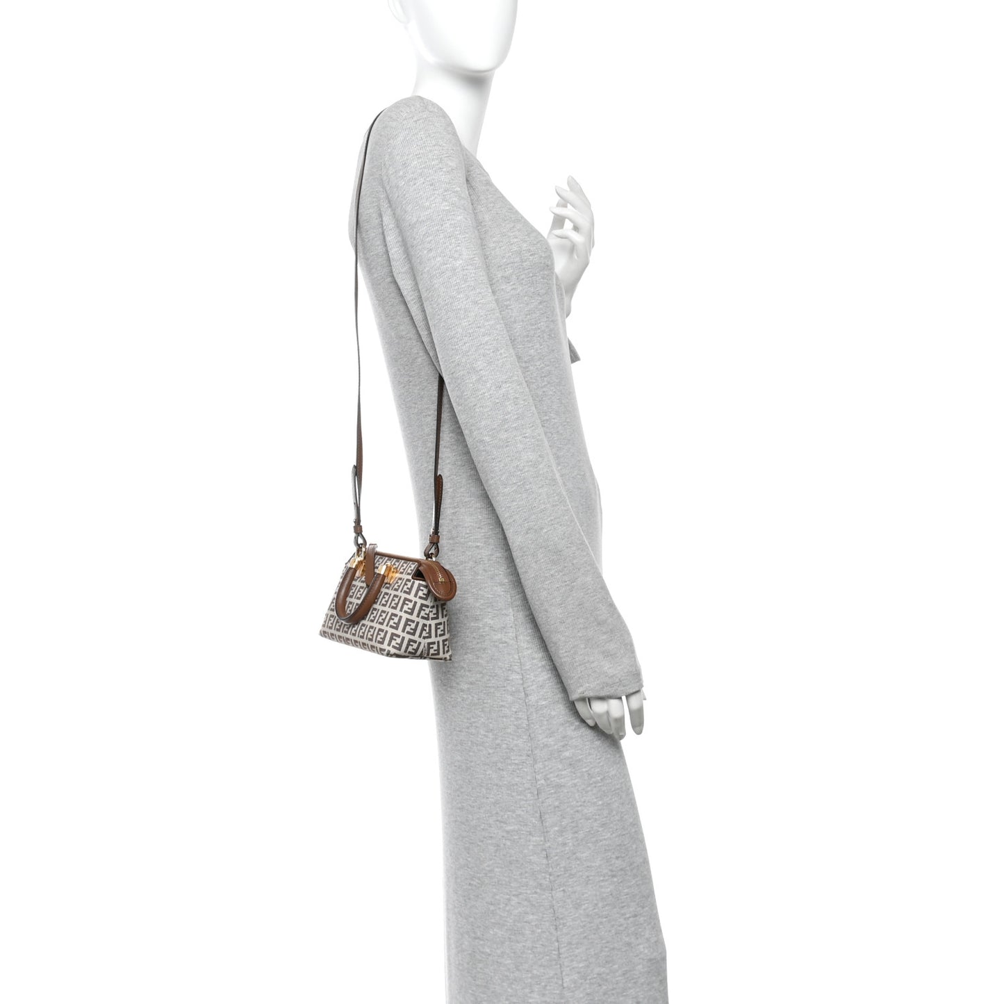 Vitello Grace Jacquard FF Mini By The Way Top Handle Boston Bag  Gianduia Panna
