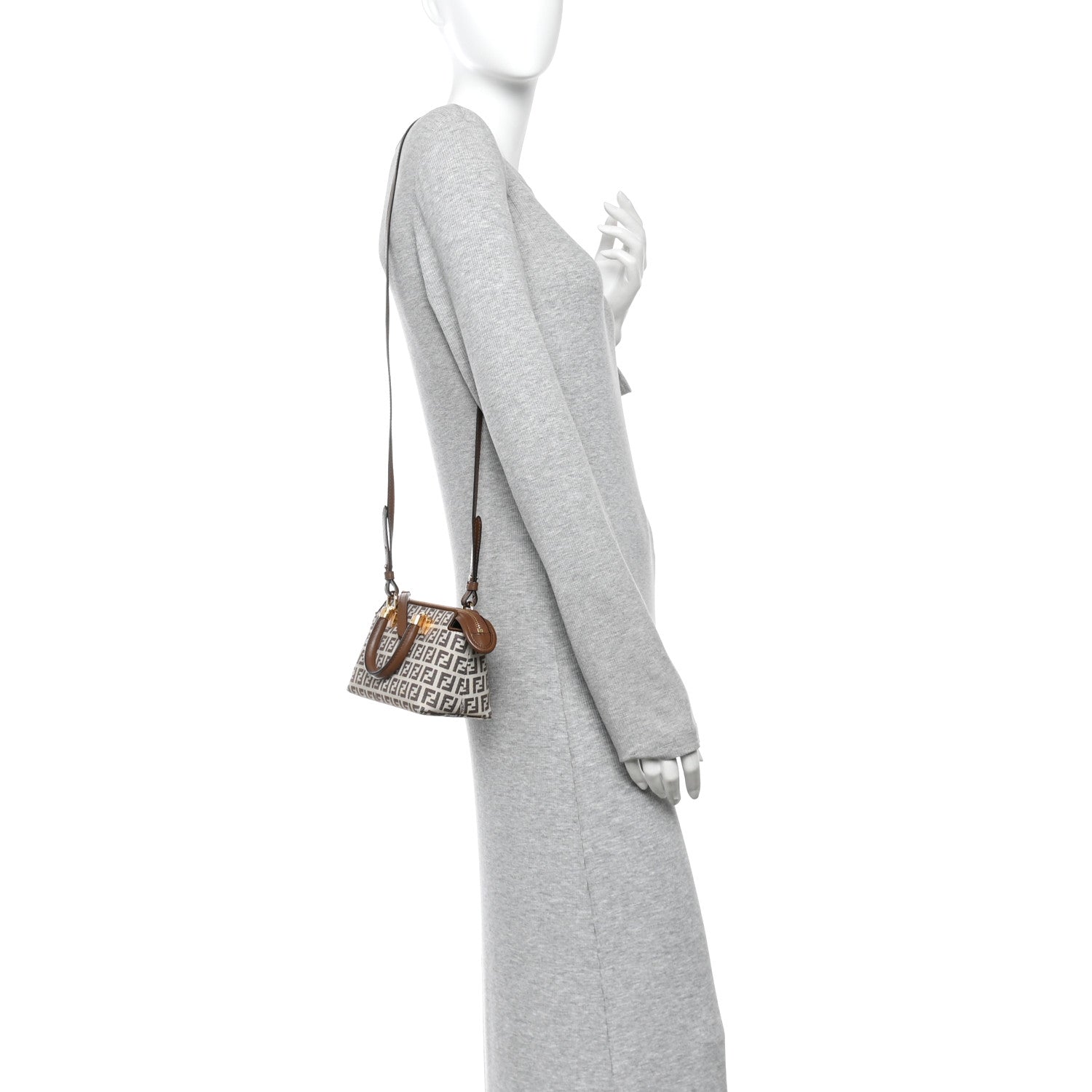 Fendi Vitello Grace Jacquard FF Mini By The Way Top Handle Boston Bag  Gianduia Panna 2 of 10