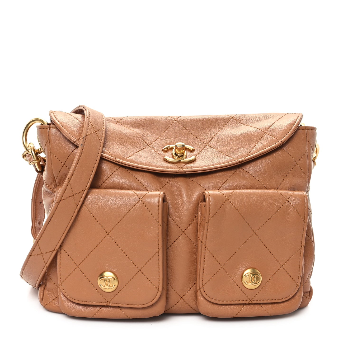 Shiny Calfskin Quilted Small Supple Twins Hobo Bag Brown