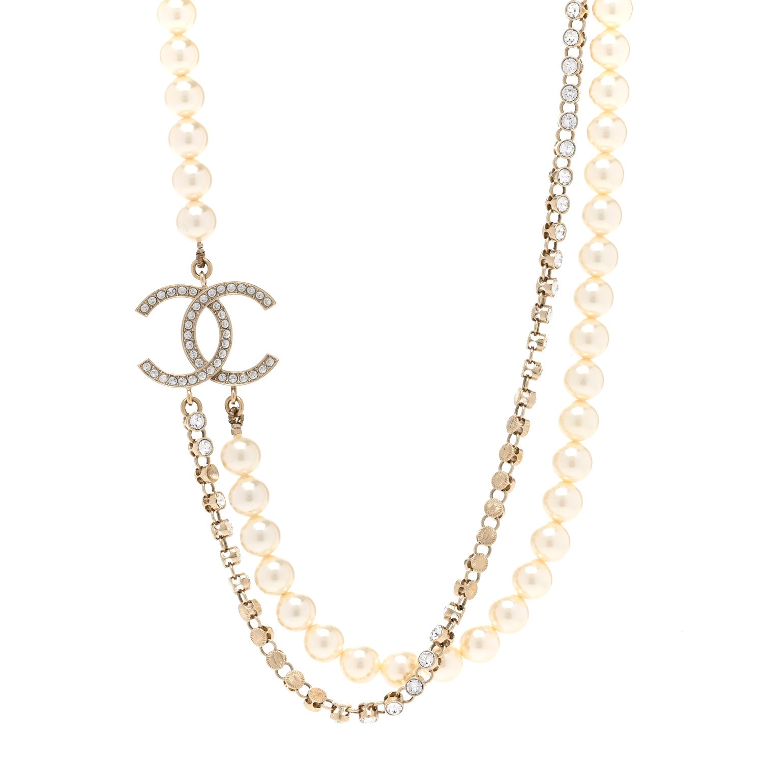 Chanel Pearl Crystal Multi Strand CC Short Necklace Gold 1 of 7