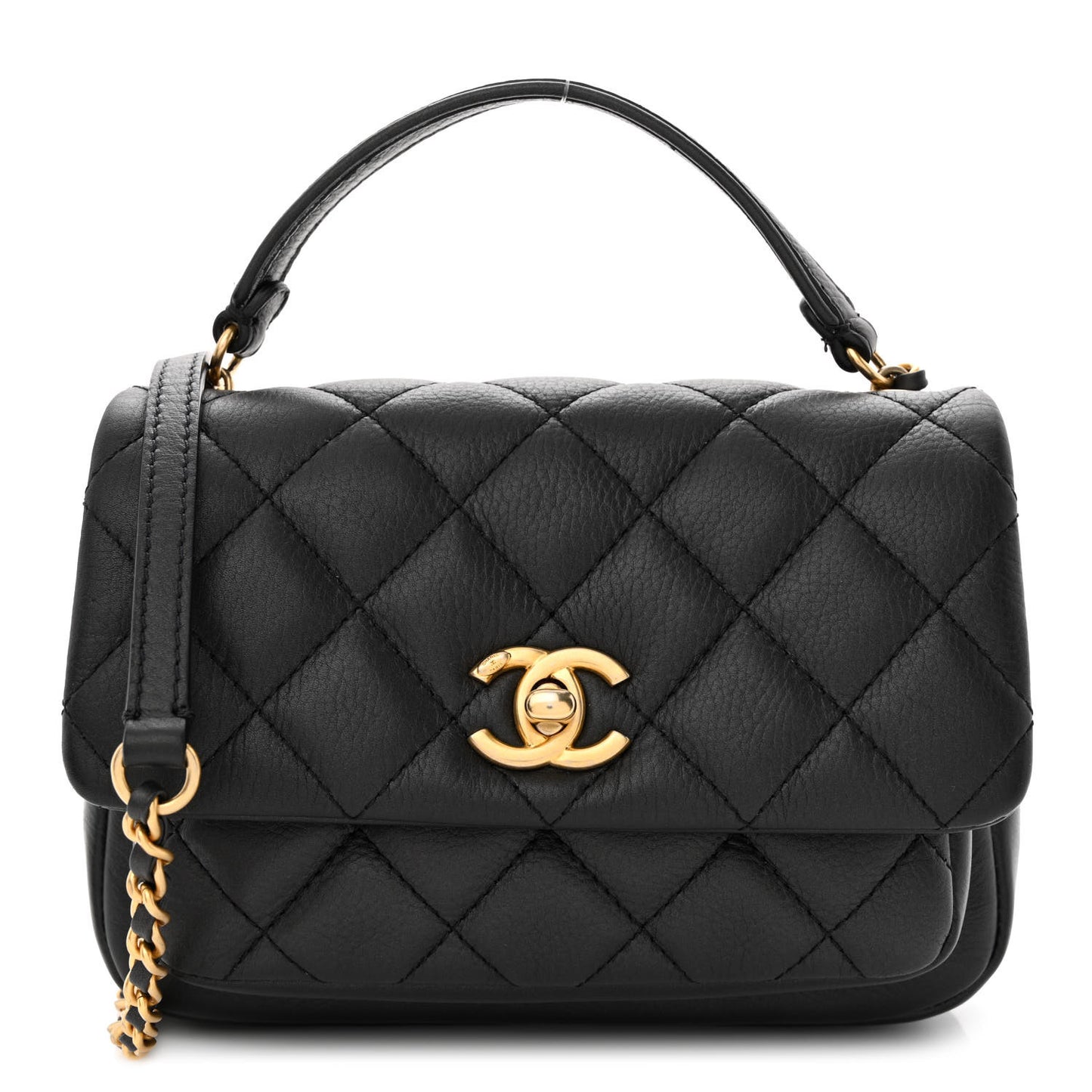 Calfskin Quilted Top Handle Flap Black
