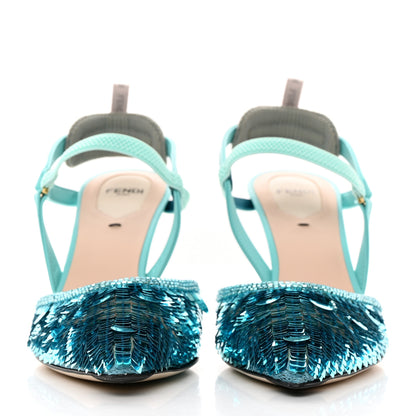 Fendi Organza Sequin Paillettes Colibri Lite 85mm Slingback Pumps 38.5 Nudo Blue Tiffany Blue 2 of 15