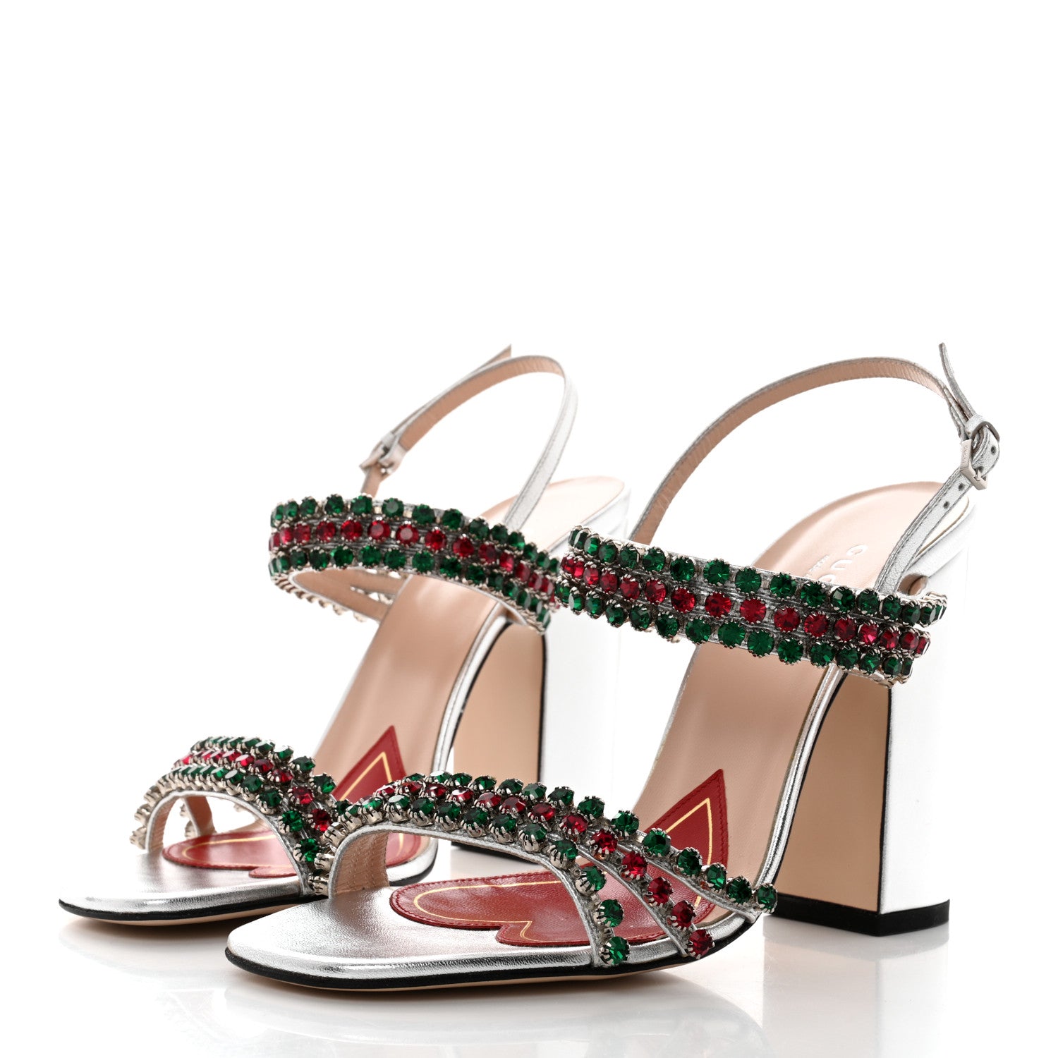 Gucci Nappa Silk Crystal Bertie High Heel Sandals 37.5 Argento 3 of 7