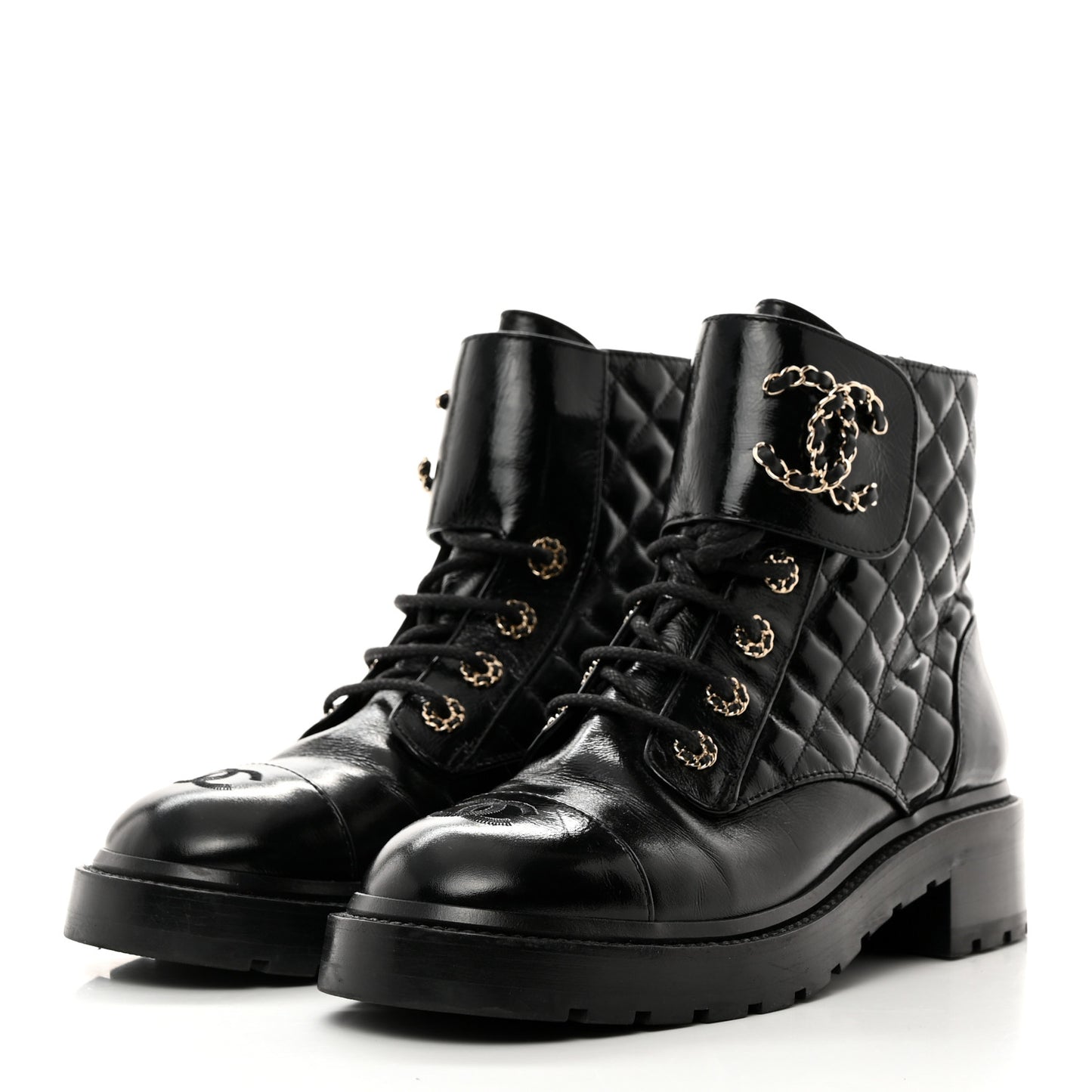 Shiny Lambskin Quilted Lace Up Combat Boots 40 Black