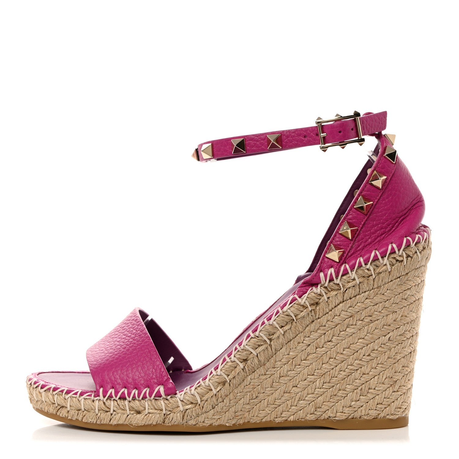 Valentino Garavani Grained Calfskin Rockstud Ankle Strap Espadrille 15/105mm Wedge Sandals 38 Rose Violet Prune 1 of 9