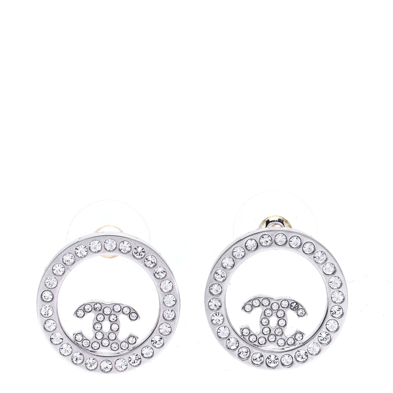 Chanel Crystal CC Round Earrings Silver 1 of 5
