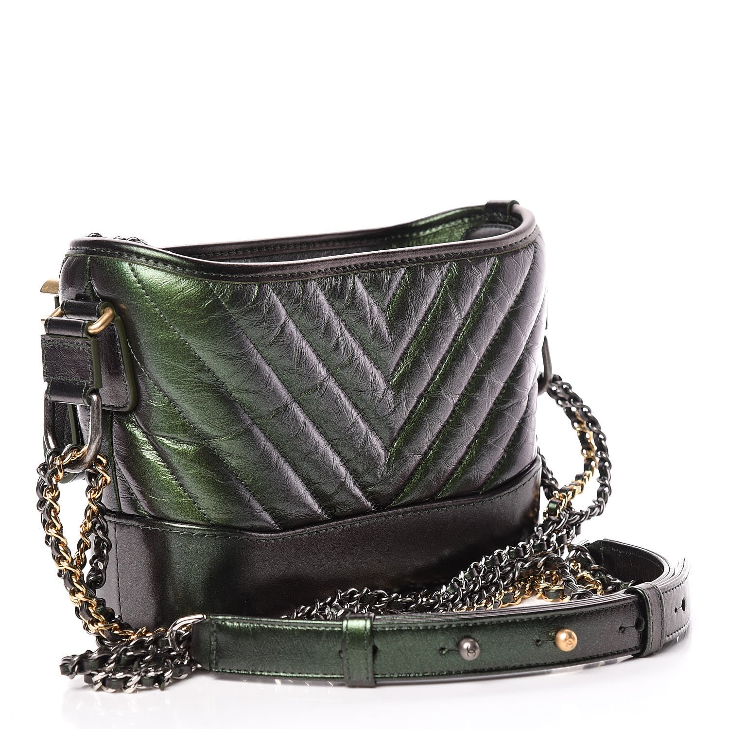 Chanel Metallic Calfskin Chevron Quilted Small Gabrielle Hobo Green 3 of 11