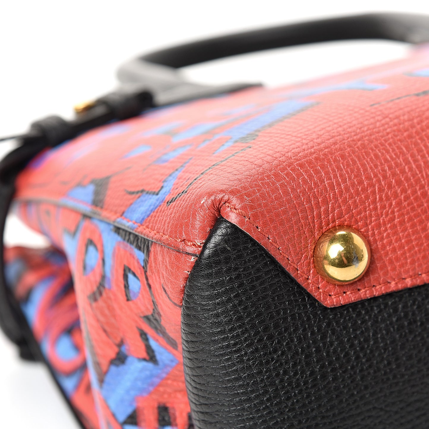 Grainy Calfskin Graffiti Print Small Banner Tote Black