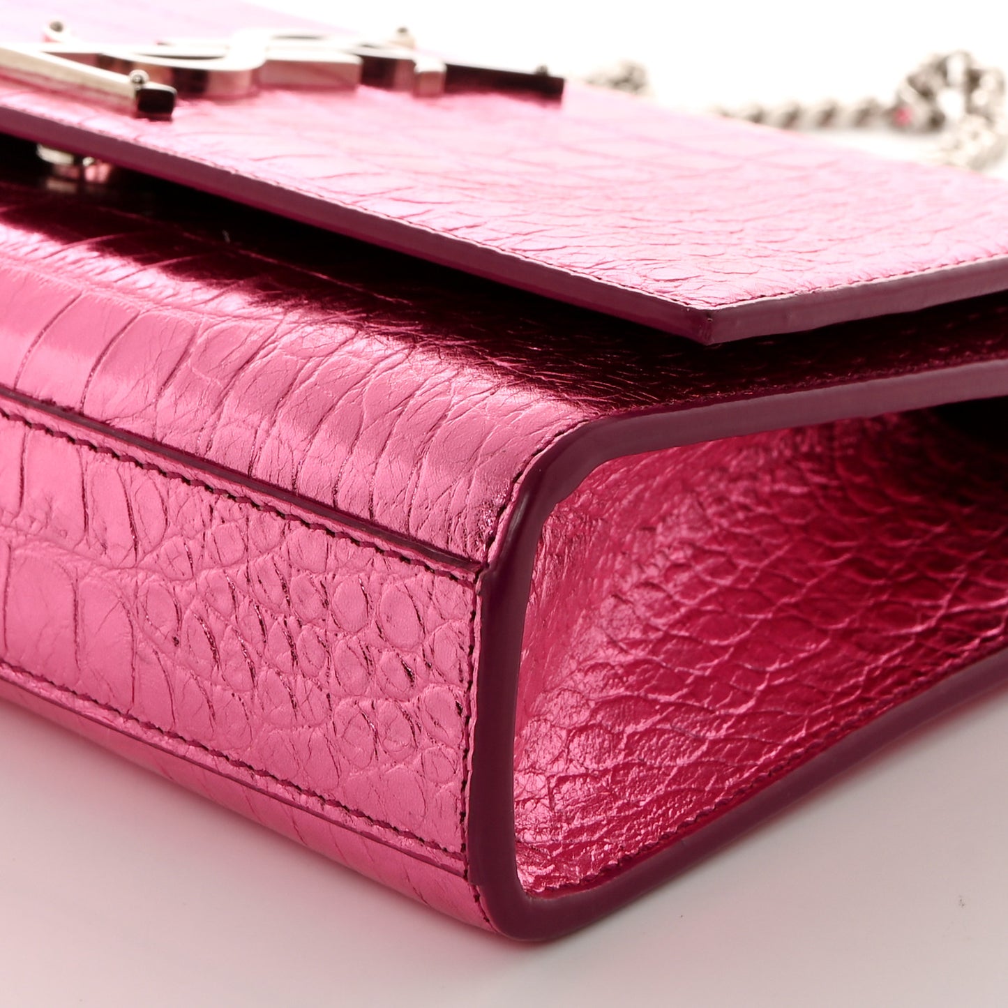 Metallic Calfskin Crocodile Embossed Small Classic Monogram Kate Tassel Satchel Pink