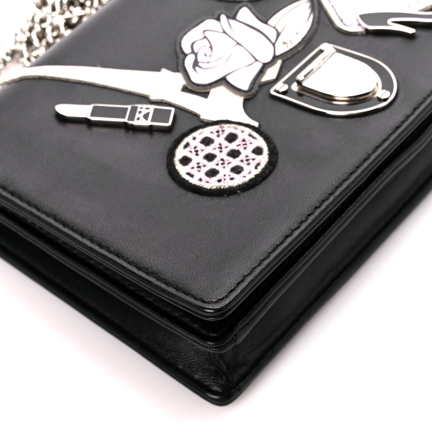 Calfskin Patch Embroidered Diorama Chain Wallet Black