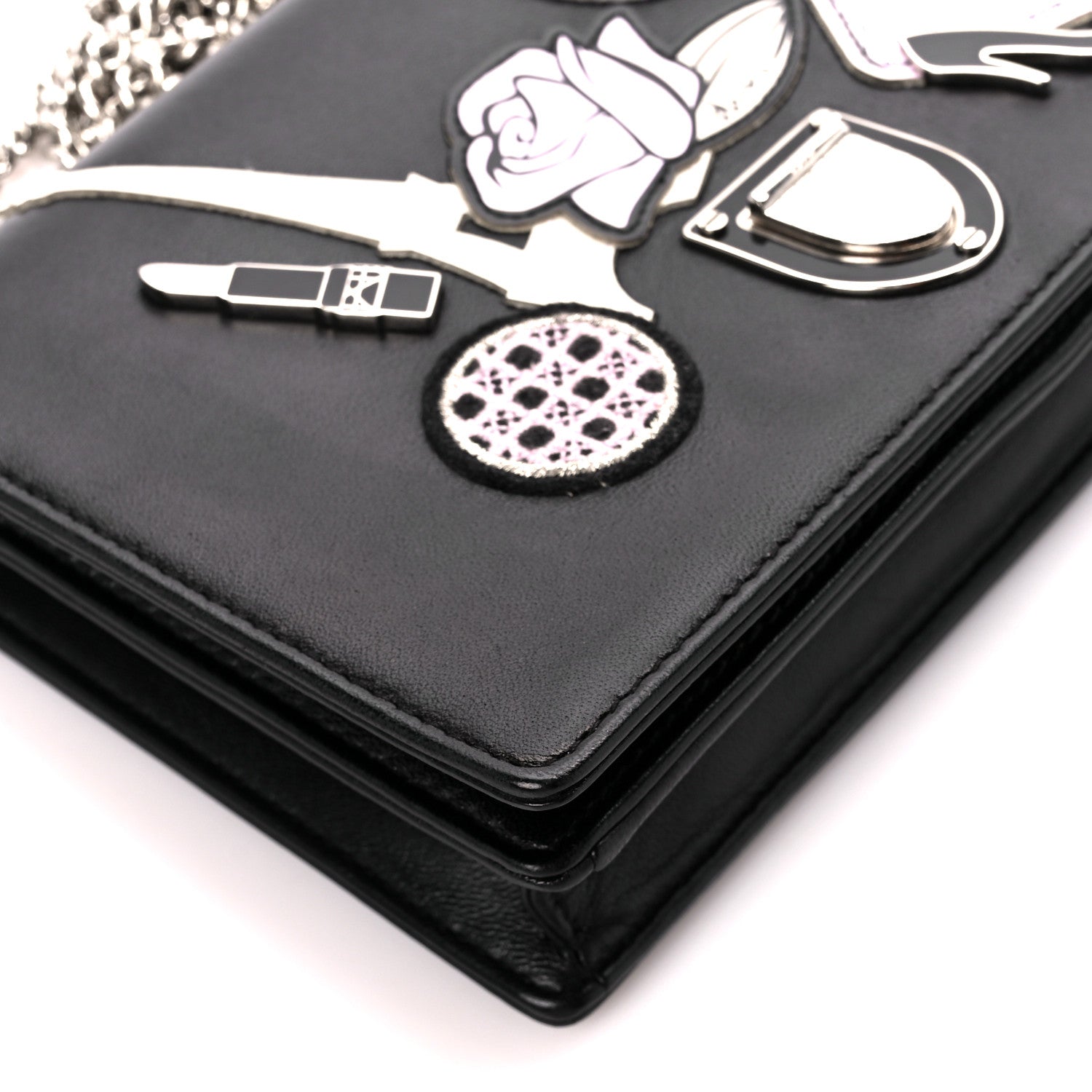 Christian Dior Calfskin Patch Embroidered Diorama Chain Wallet Black 12 of 13