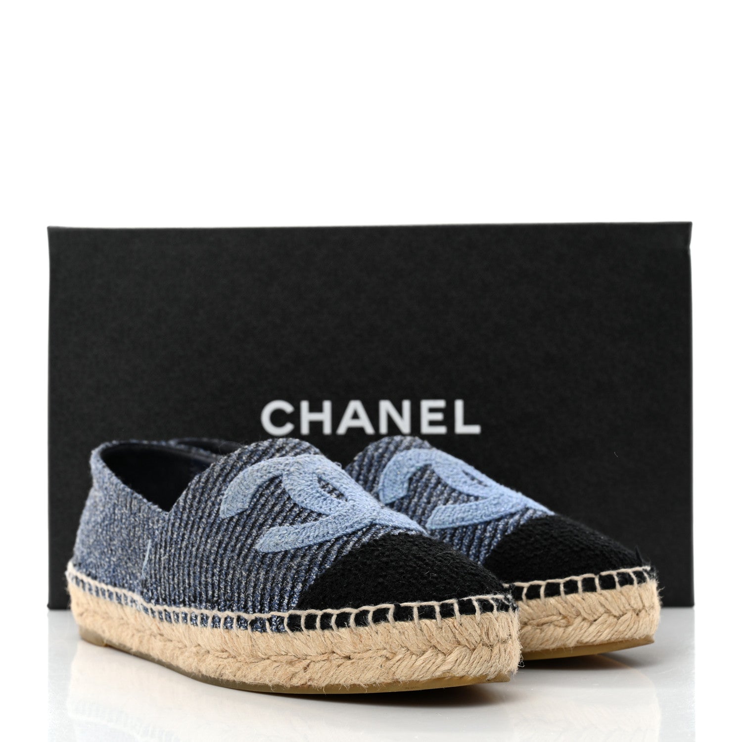 Chanel Cotton Tweed CC Espadrilles 38 Blue Ecru Black 9 of 9