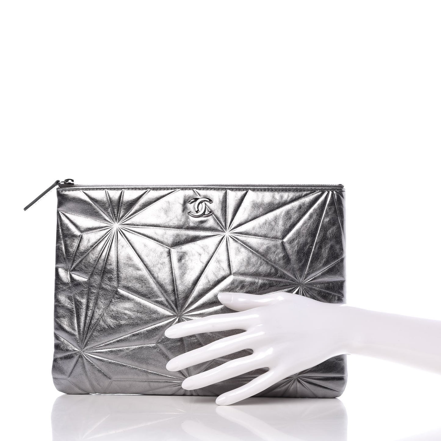 Metallic Lambskin Embossed Medium Cosmetic Pouch Silver