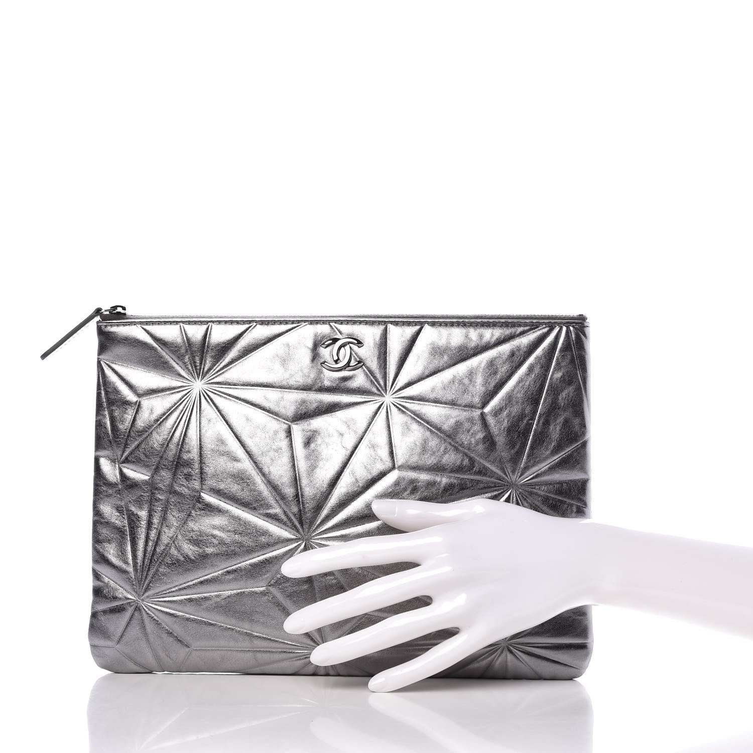 Chanel Metallic Lambskin Embossed Medium Cosmetic Pouch Silver 2 of 9