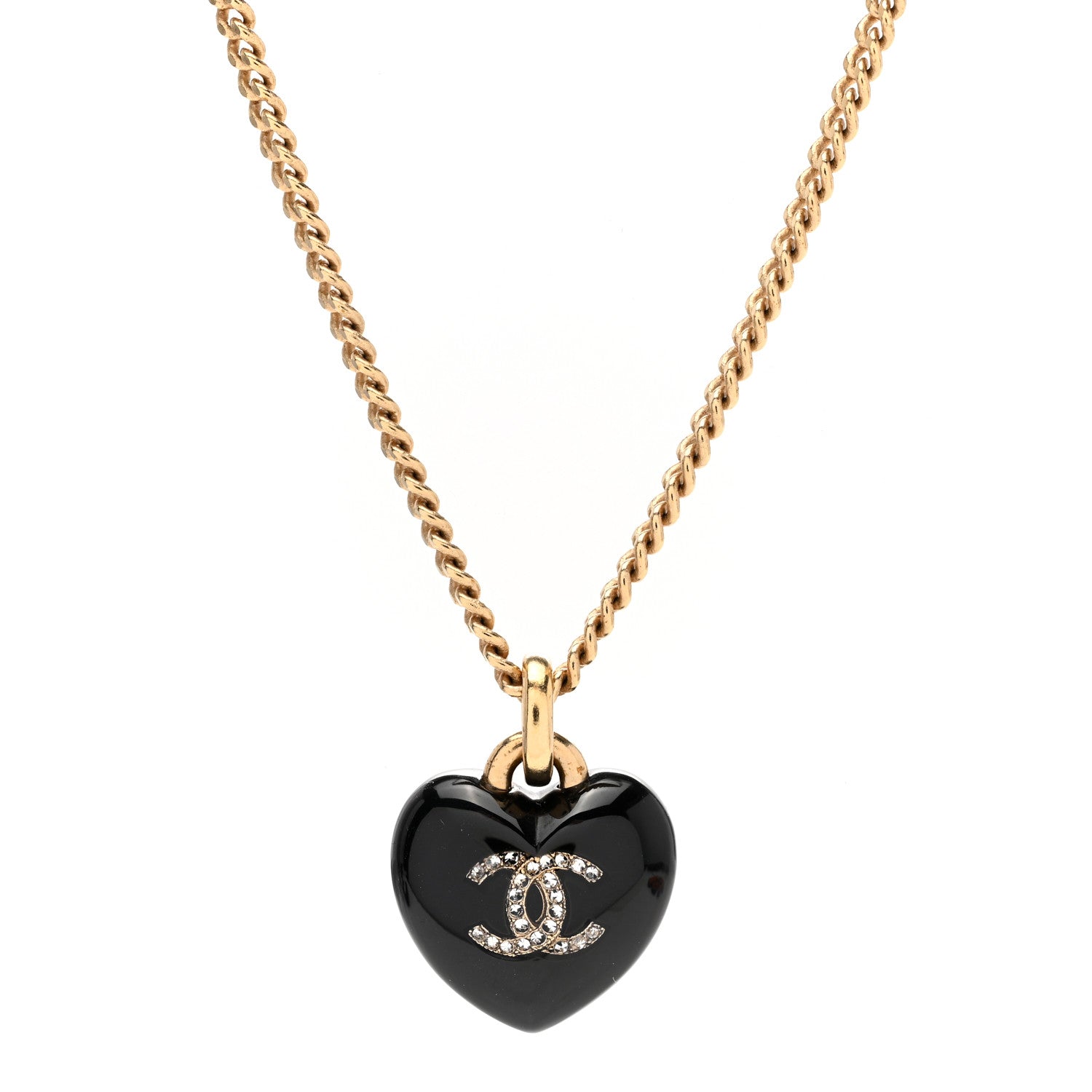 Chanel Resin Crystal CC Heart Necklace Black Gold 4 of 7