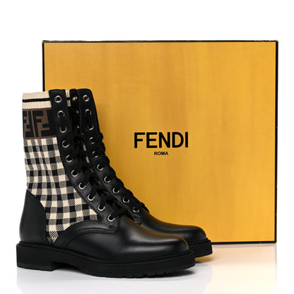 Fendi Vitello Stretch Fabric FF Vichy Rockoko Biker Boots 36 Black Crema Tobacco 7 of 7