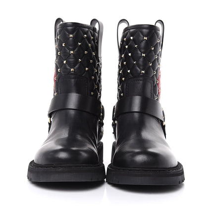 Valentino Garavani Calfskin Nappa Heart Rockstud Spike Biker Boots 38 Black 2 of 9