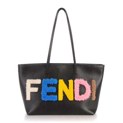 Fendi Vitello Elite Shearling Block Letter Small Roll Tote Black 1 of 7