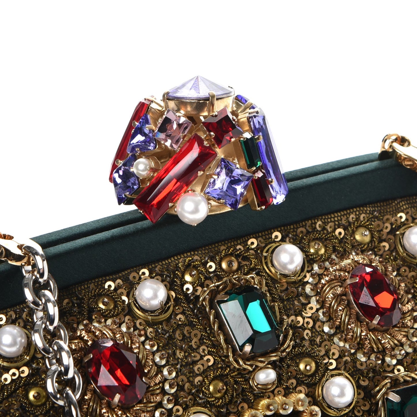 Satin Sequin Crystal Embellished Chain Clutch Green Multicolor