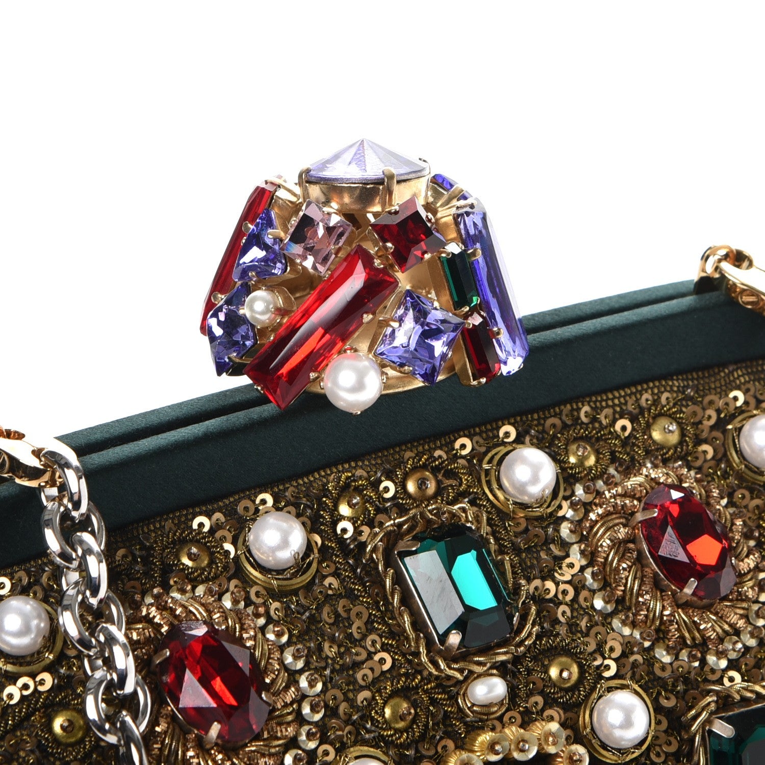 Dolce & Gabbana Satin Sequin Crystal Embellished Chain Clutch Green Multicolor 9 of 9