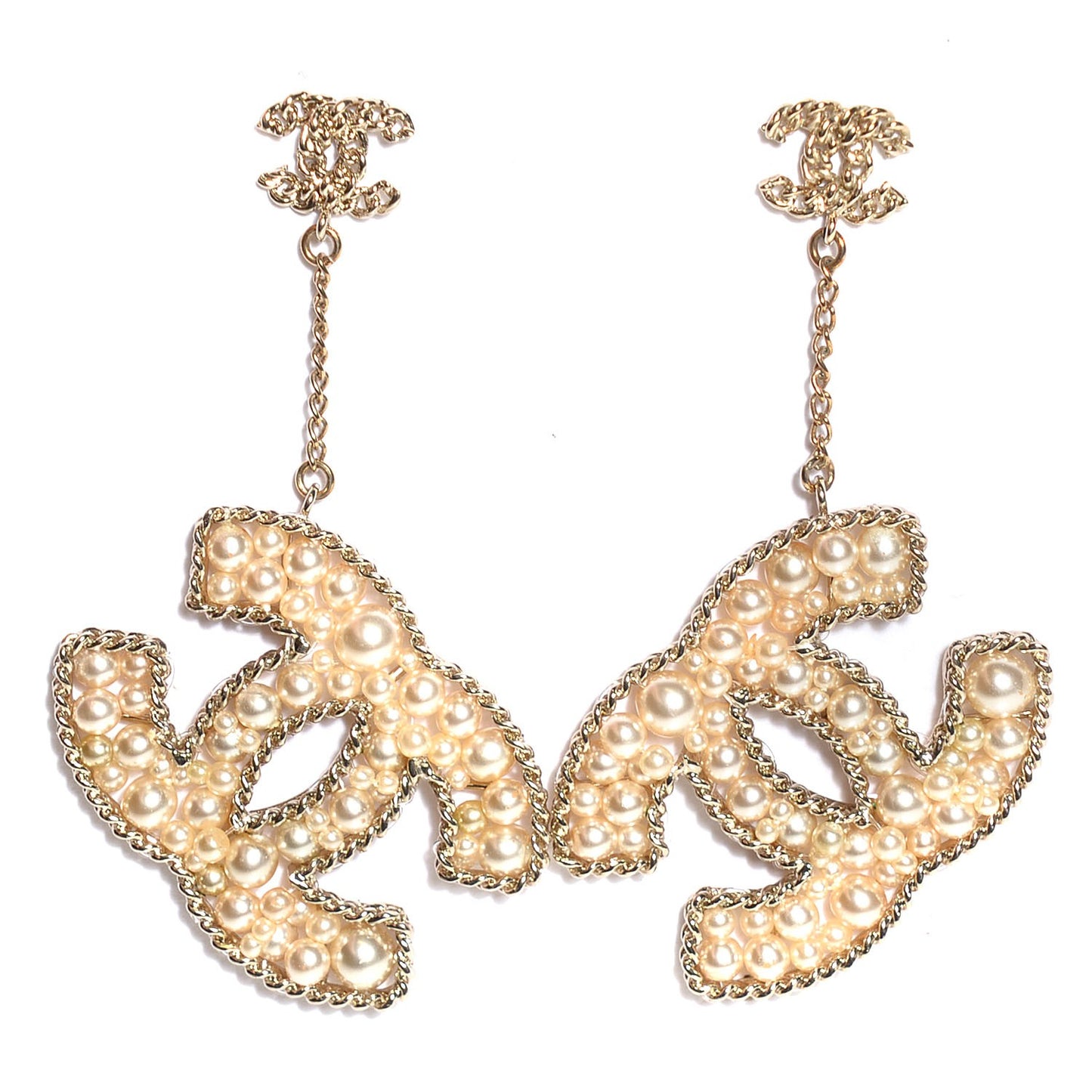 Pearl Chain Large CC Earrings Gold