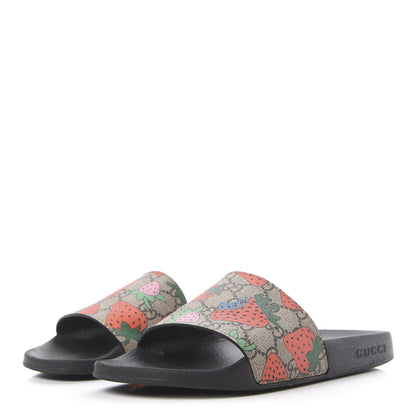 Gucci GG Supreme Monogram Strawberry Slide Sandals 37 Beige Multicolor 3 of 10