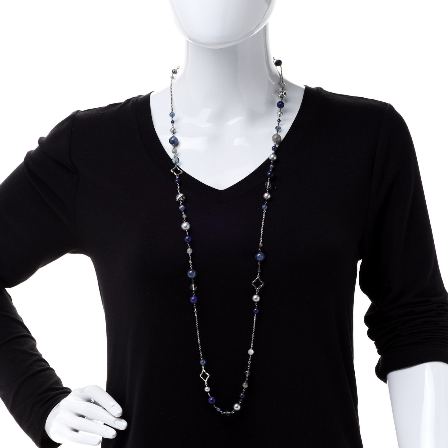 Sterling Silver Lapis Lazuli Labradorite Gray Pearl Blue Sapphire Hematite Quartz Bead Elements Station Necklace