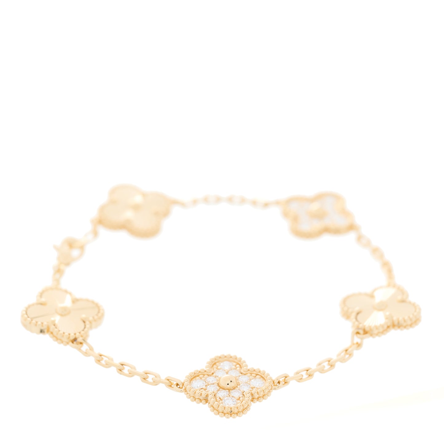 18K Yellow Gold Diamond 5 Motifs Guilloche Vintage Alhambra Bracelet